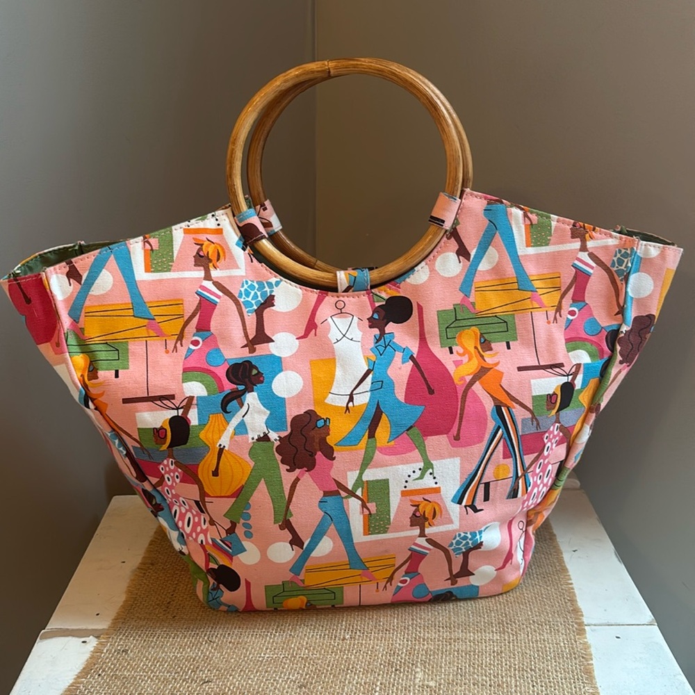 Neiman Marcus Vintage Women Pink Printed Tote With Wooden Handles